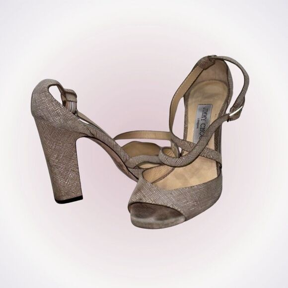 Jimmy Choo neutral textured block strappy heels | Sz 39 - Picture 1 of 6